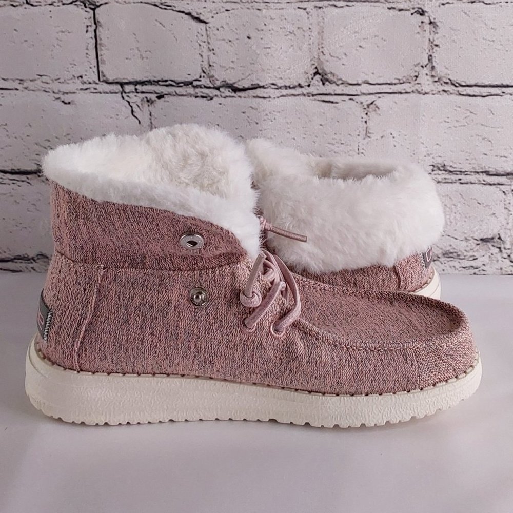 'HEY DUDE' 'BRITT' FUR LINED FOLD & SNAP CUFF TWO LOOKS IN  ONE SHOE PINK SHIMM - Picture 6 of 16